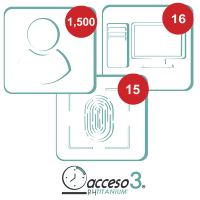 [BAJO PEDIDO] Licencia para software de Tiempo & Asistencia compatible con SISTEMAS DE NOMINA / 1,500 Empleados / 16 Relojes checadores / 16 PC / Acceso3 - TITANIUM