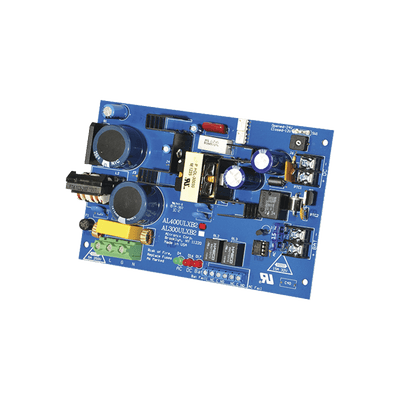 Fuente de alimentacion tipo tarjeta, salida seleccionable de 4 A@12 y 24 Vcc @ 3 A, capacidad de respaldo, reley de supervision 