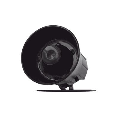 Sirena de alarma de 106dB 12 Vcd que se incluye con la mayoría de los sistemas de seguridad Compustar