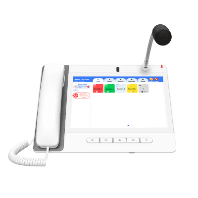 Teléfono IP Color Blanco Android 9.0 Empresarial para voceo 20 líneas SIP, pantalla táctil, Wi-Fi y Bluetooth, PoE, Voceo/ Musica por Multicast, puertos Gigabit, Sofware de Enfermeria