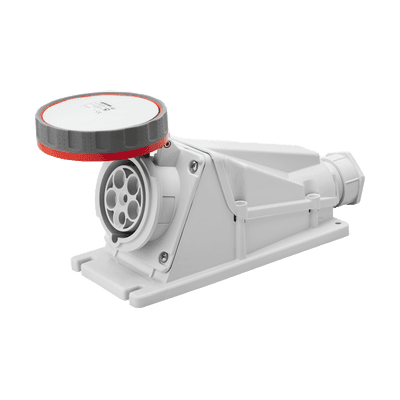 BASE DE SUPERFICIE ANGULADA 90° - IP67 - 3P+N+T 125A 380-415V 50/60HZ - ROJA - 6H - CABLEADO POR TORNILLO