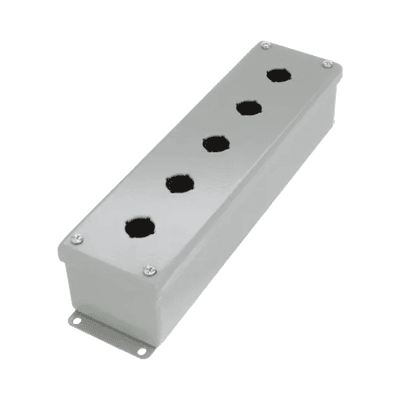 Gabinete Tipo Pushbutton, De 5 Botones de 22.5 mm, NEMA 12, IP65, de 317 x 83 x 70 mm, de Acero, Color Gris