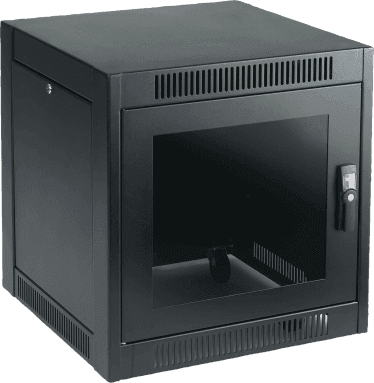 Gabinete SOHO, 11U, 700 x 600 x 600 mm, Acero Negro RAL 9005, Ruedas, Puertas Cerradas, Sistema de Enfriamiento Pasivo, Base Abierta con Respiro, Montaje Bajo Escritorio