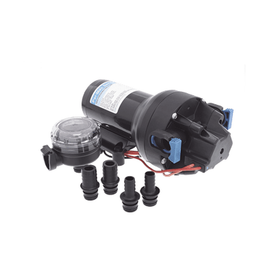 Bomba controlada por presión Par Max para trabajo pesado a 12 Vcd, caudal de 5 GPM, presión máxima 40 psi, para manguera de entrada con orificio de 38 mm (1½”), manguera de descarga con orificio de 25 mm (1”)
