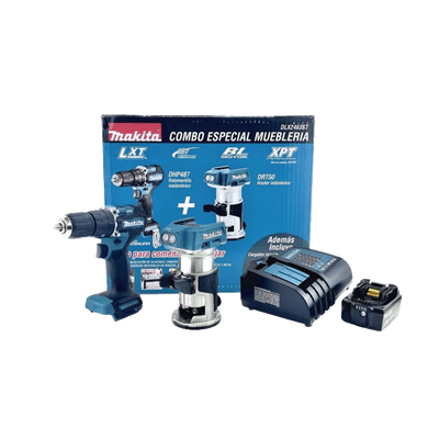kit de Rotomartilló DHP487 +Fresadora Multifuncional DRT50, Incluye 1 Cargador Rápido DC18SD y 1 Batería li-Ion de 5.0 Ah Modelo BL1850B.