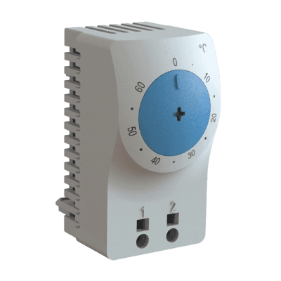 Termostato/Interruptor Para Control de Temperatura en Grados Celsius, Para Uso con Ventiladores, Con Terminales de Conexión, y Clip para Riel Din de 35 mm, Color Gris Claro