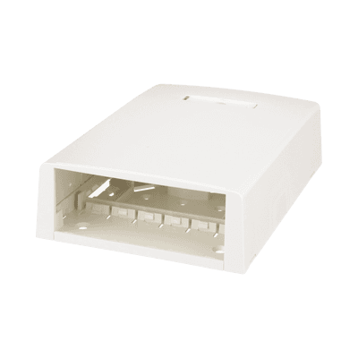 Caja de Montaje en Superficie, con Accesorio para Resguardo de Fibra Óptica, para 12 Módulos Mini-Com, Color Blanco Mate