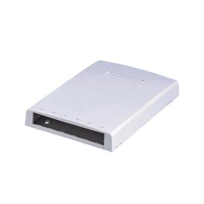 Caja de Montaje en Superficie, con Accesorio para Resguardo de Fibra Óptica, para 6 Módulos Mini-Com, Color Blanco