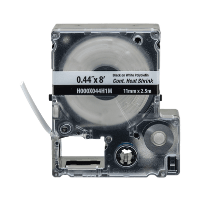 Casete de Etiquetas de Poliolefina de Cinta Continua, Tubo Termocontráctil, 11.2 mm (0.44 pulgadas) de Ancho y 2.4 metros (7.87 pies) de Largo, Para Cables de 2 a 6.4 mm (16-10 AWG) de Diámetro, Color Blanco