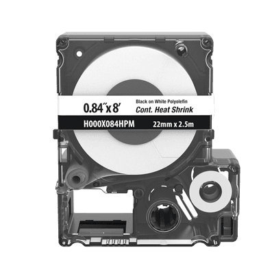 Casete de Etiquetas de Poliolefina de Cinta Continua, Tubo Termocontráctil, 21.3 mm (0.84 pulgadas) de Ancho y 2.4 metros (7.87 pies) de Largo, Para Cables de 4.3 a 12.7 mm (8-1 AWG) de Diámetro, Color Blanco