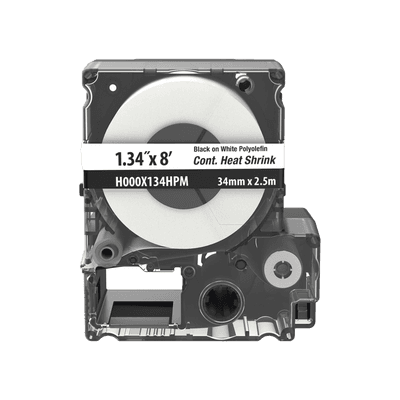 Casete de Etiquetas de Poliolefina de Cinta Continua, Tubo Termocontráctil, 34 mm (1.34 pulgadas) de Ancho y 2.4 metros (7.87 pies) de Largo, Para Cables de 11 a 17.27 mm (4 AWG-250 MCM) de Diámetro, Color Blanco