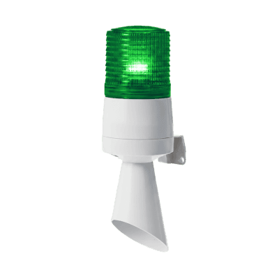 Luz LED con patrones de destello fijo y destellante con buzzer incorporado de alto volumen Máx. 95 dB color Verde 110 VCA