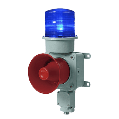 Combinación de baliza LED color Azul con sirena electrónica para aplicaciones de la industria pesada  máx.114 dB a 220 VCA