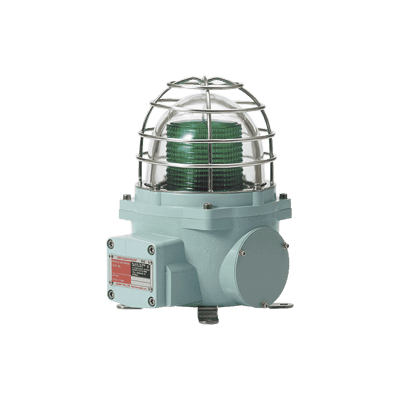 Baliza con luz LED color Verde con patrón de destello fijo o flasheante, ideal para zonas y áreas peligrosas, opera en un rango de 120 VCA