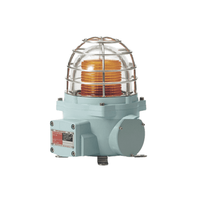 Baliza con luz LED color Ámbar con patrón de destello fijo o flasheante, ideal para zonas y áreas peligrosas, opera en un rango de 12-24 VCD