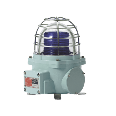 Baliza con luz LED color Azul con patrón de destello fijo o flasheante, ideal para zonas y áreas peligrosas, opera en un rango de 12-24 VCD