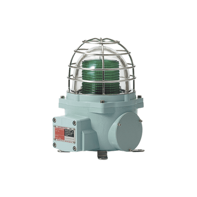 Baliza con luz LED color Verde con patrón de destello fijo o flasheante, ideal para zonas y áreas peligrosas, opera en un rango de 12-24 VCD