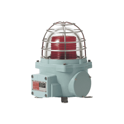 Baliza con luz LED color Rojo con patrón de destello fijo o flasheante, ideal para zonas y áreas peligrosas, opera en un rango de 12-24 VCD