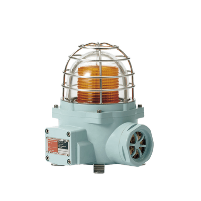 Luz LED color Ámbar de advertencia con patrón de destello flasheante/fijo para zonas peligrosas con buzzer incluido a 105 dB. de 24 VCD