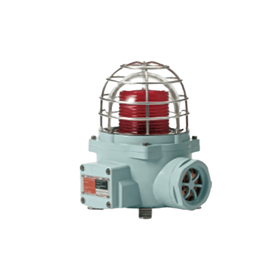 Luz LED color Rojo de advertencia con patrón de destello flasheante/fijo para zonas peligrosas con buzzer incluido a 105 dB. de 24 VCD