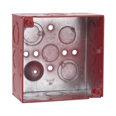 Caja Cuadrada Galvanizada  de 4" /Profundidad de 2 1/8" / Cuenta con 11 KO de 1/2" y 6 TKO (1/2" - 3/4")/ Color Rojo.