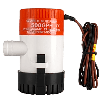 Bomba de Achique Marina Sumergible Eléctrica 12V / 500 GPH / No Automática / Protección Anti-Aire / Sellos Herméticos / Cableado Marino / Base de Filtro Removible