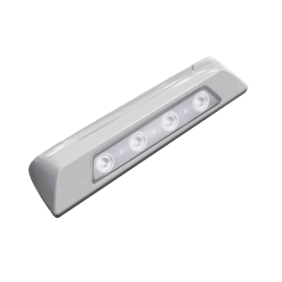 Luz de escena, 4 LED, bisel blanco, 12–24VCD, LED blanco y lente transparente