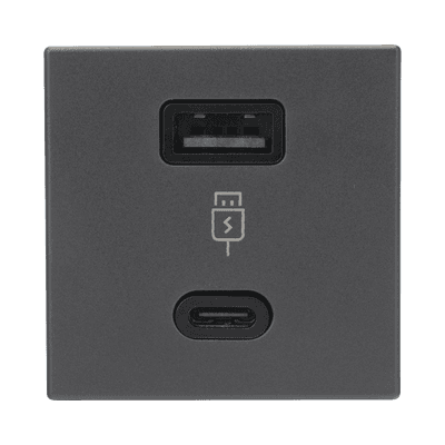 Módulo Doble USB Tipo A+C / Carga Rápida 30W / Color Negro / Compatible con Torres y Cajas Simon / Modelo: (K126F/14)