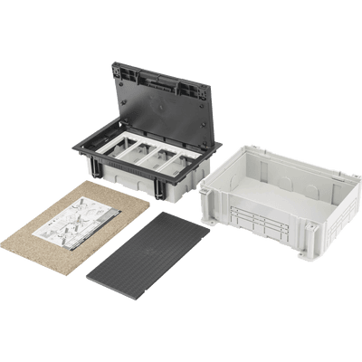 Caja Para Instalación en Pavimento para Voz, Datos o Contactos Eléctricos / Capacidad para 4 Módulos / Espacio Embellecedor en la Tapa / Profundidad Ajustable de 70 a 100 mm (2.76 a 3.94 pulgadas) / Los Módulos se Adquieren Aparte / Incluye Registro