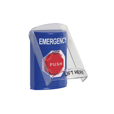Botón Multipropósito, Color Azul, De Superficie, Con Tapa De Policarbonato, Con Bocina Pre Alarma, Para Interior, Llave Para Restablecer, Texto De Emergencia, Ingles