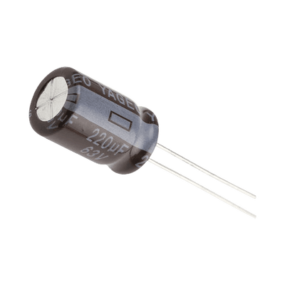 Capacitor Electrolítico de Aluminio, Radial de 220 µFd, 63 Vcc, 105 °C, 10 x 15 mm.