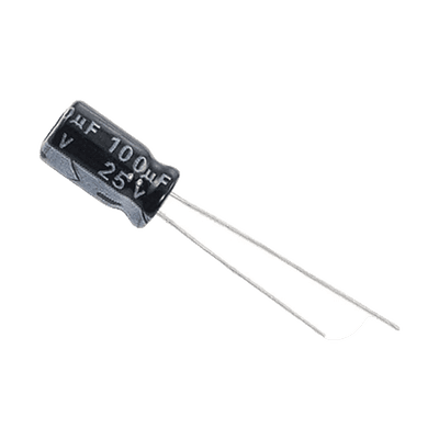 Capacitor Electrolítico de Aluminio, Radial de 100 µFd, 25 Vcc, 105 °C, 6.3 x 11 mm.