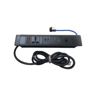 Hub para escritorio color negro,  con 1 Puerto HDMI Hembra-Hembra, 1 Conector RJ45 Cat6, 2 Puertos USB 5V DC /2 A, y 1 Contacto eléctrico universal  (11100-00001)