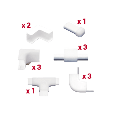 Kit de Accesorios Para la Canaleta TMK0812, El Paquete Incluye 13 Piezas en Total, Son 2 Esquineros Exteriores, 3 Esquineros Interiores, 3 Secciones "L", 3 Piezas de Unión, 1 Sección "T" y 1 Tapa Final.