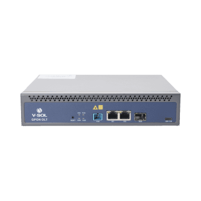 OLT de 1 puerto GPON SC/UPC + 3 puertos Uplink (2 puertos Gigabit Ethernet + 1 puerto SFP/SFP+), Fuente de alimentación redundante AC/DC , hasta 128 ONUS
